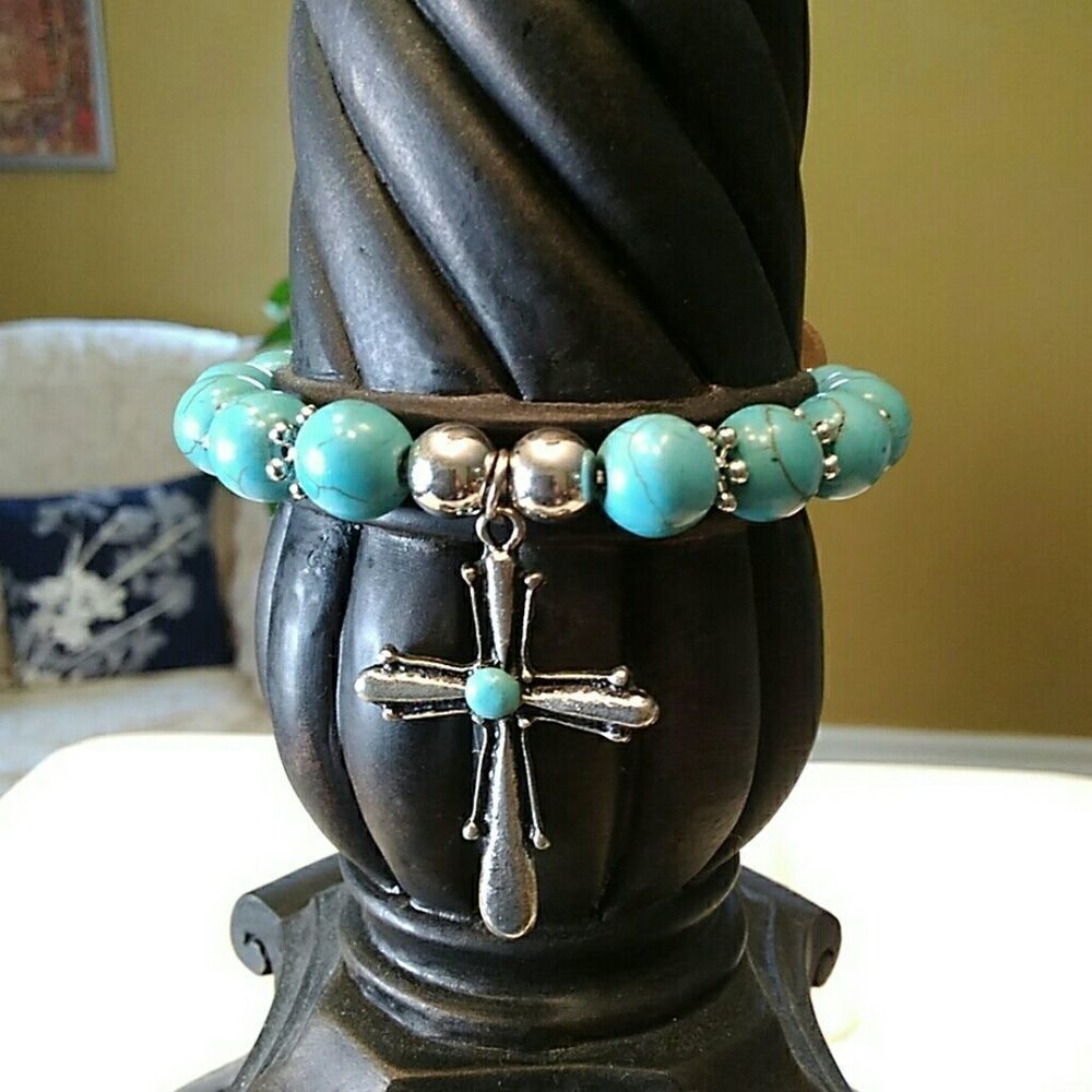Cross charm semi-precious Stone beaded bracelet